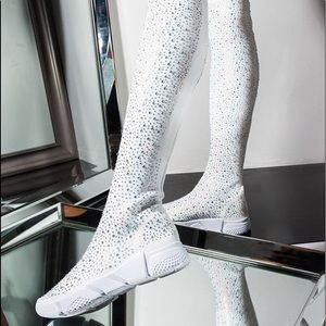 Embellished whit knee high sneaker boot